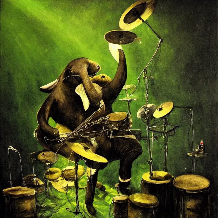 Image similar to a beautiful painting by aleksi briclot of an elephant seal playing drums and telecaster guitar in a concert stage, dark background, green concert light, dark mood
