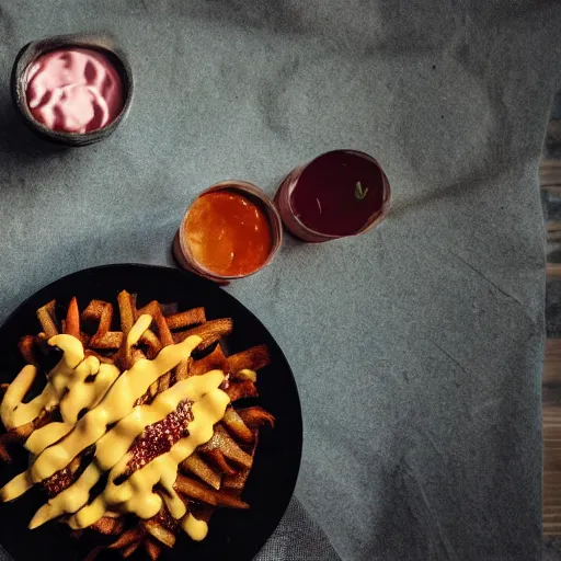 Image similar to the most delicious poutine ever, food photography, 8 k, cinematic, hyper realistic