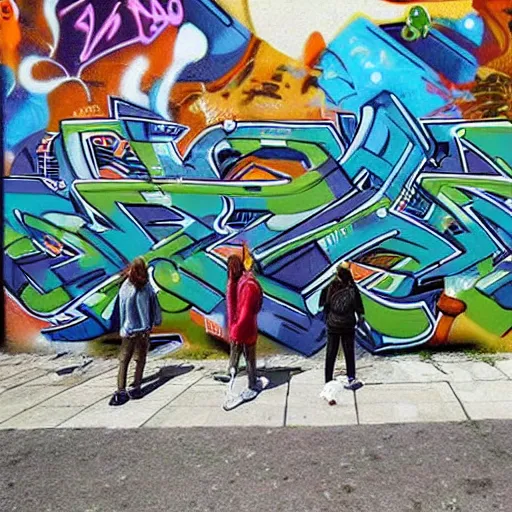 Prompt: tiny people in front of giant walls with amazing graffitis, hyper detailed, photorealistic, hd