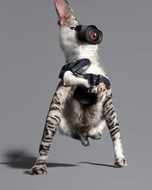 Image similar to cat with jet pack and a laser gun and cyborg blue left eye, standing on his back legs, photorealistic, 8 k render cycles, smooth, complex, insanely detailed, art by woo kim, antilous chao