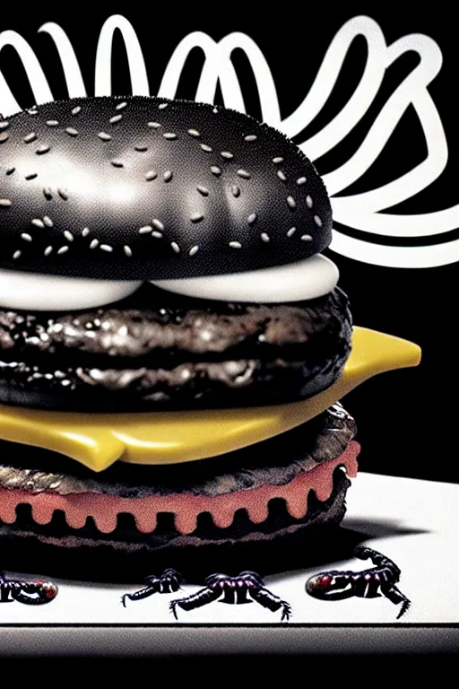 Prompt: mcdonald's horror retro tv advertisement, nightmare, burger surrounded by worms, black and white, ultra realistic, 4 k, digital art, cinematic style of david kronenberg