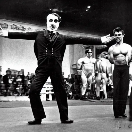 Prompt: A photo of a Charlie Chaplin posing at a bodybuilding contest, high quality