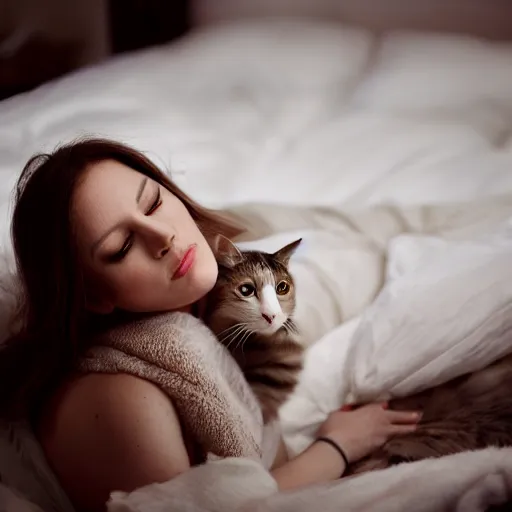 Prompt: a beautiful girl rests on a bed holding a cat, 5 0 mm lens, f 1. 4, sharp focus, ethereal, emotionally evoking, head in focus, volumetric lighting, blur dreamy outdoor,