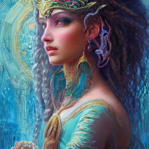 Image similar to artstation, intricate detail, hyper detail, portrait by gaston bussiere, tan skin lady of elche, egyptian sumerian features, techno mystic goddess princess intergalactica inanna with aqua neon rapunzel dreadlocks,