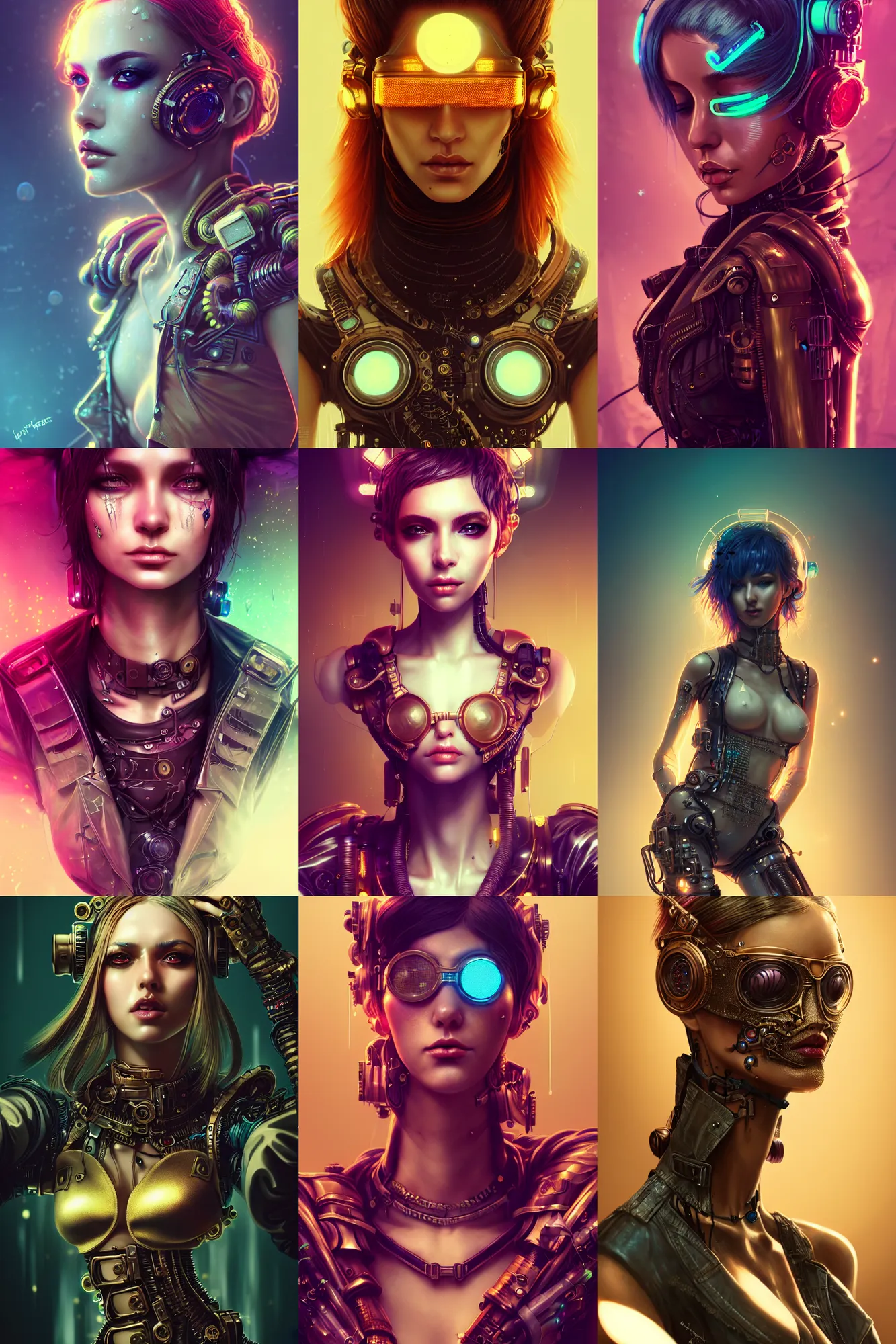 Image similar to soft lustrous seductive raver gutter punk steampunk cyborg, golden ratio, details, scifi, fantasy, cyberpunk, intricate, decadent, highly detailed, digital painting, octane render, artstation, concept art, smooth, sharp focus, illustration, art by artgerm, loish, wlop