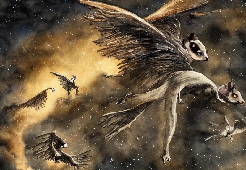 Image similar to epic winged possum flying over a medieval castle under a dark starred sky, dark fantasy, watercolor, dreaming illusion, highly detailed, 4k, trending on Artstation, award-winning