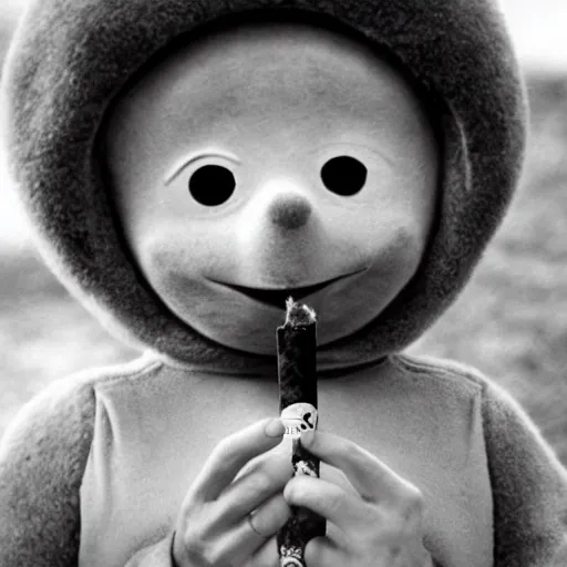 Image similar to a teletubbie smoking a cigarette