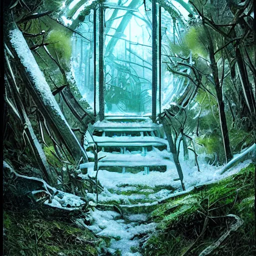 Image similar to stairs leading to a frozen derelict portal in a middle of a snowy lush futuristic forest, green lush world seen only through a portal, daylight, cinematic lighting, blue sky, syd mead, john harris