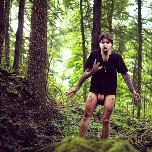 Image similar to macro face shot, teenage boy, around 1 9 years old with necklace, natural brown hair, loincloth, pale skin, detailed face. screaming in ominous and eerie looking forest. natural colors. realistic photo.