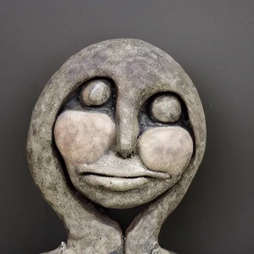 Image similar to anthropomorphic moon sculpture, man in the moon, ceramic, smiling moon, photograph, fine art, glazed ceramic, kitsch,