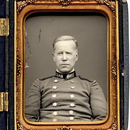Prompt: civil war photograph of joe biden in uniform, portrait, daguerrotype