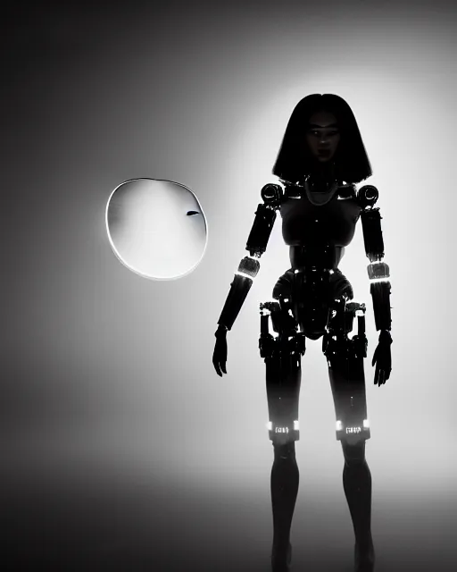 Prompt: black and white high quality photo of a beautiful futuristic dancing female posthuman-cyborg looking into a sci-fi mirror:: volumetric lighting, liminal space, brutalism, foggy, dreamy, hyperdetailed, bokeh, photorealistic, cinematic, masterpiece, Metropolis, elegant, dark, octane render, 8K, in the style of Dora Maar and Man Ray