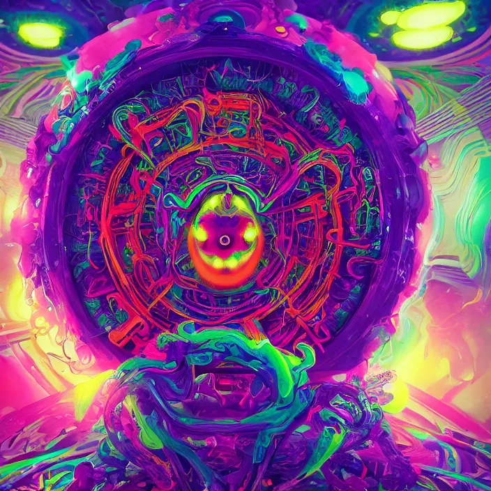 Image similar to portrait of an acid lsd psychedelic all seeing chakra meditation lotus third eye infected with rainbow fungi. intricate abstract. intricate artwork. interdimensional, by Tooth Wu, wlop, beeple, dan mumford. octane render, trending on artstation, greg rutkowski very coherent. cinematic, hyper realism, high detail, octane render, 8k, multicolored accents