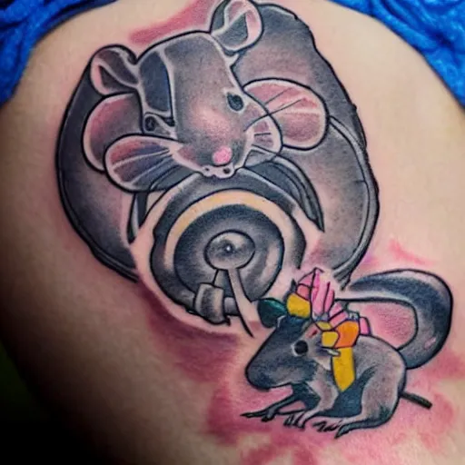 Image similar to tatoo on girl's leg with cute rat reading newspapper sitting on magic mushroom