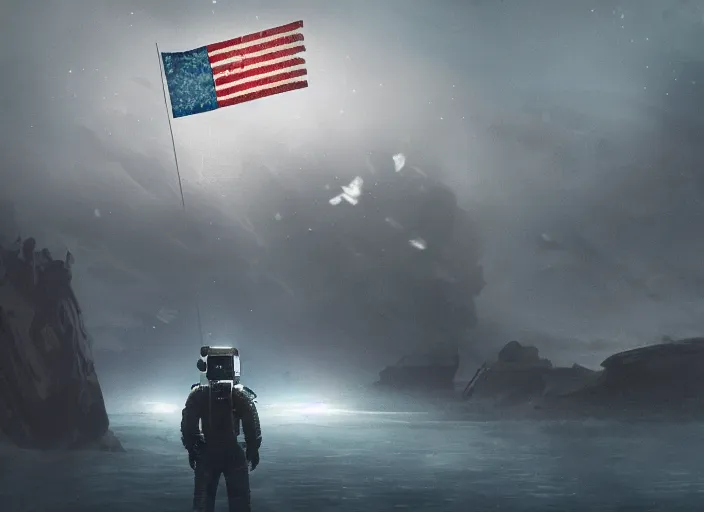 Image similar to astronaut holding a flag in an underwater desert. a submarine is visible in the distance. dark, concept art, cinematic, dramatic, atmospheric, 8 k, trending on artstation, blue, fish, low visibility, fog, ocean floor, christopher nolan, interstellar