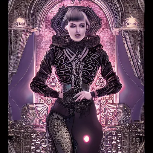 Image similar to the portrait of an absurdly graceful, sophisticated, fashionable ottomanpunk robotess idol, an ultrafine hyperdetailed illustration by kim jisu, intricate linework, neon wiring, porcelain skin, unreal engine 5 highly rendered, global illumination, radiant light, detailed and intricate environment, by rutkowski, artgerm, marvel comics