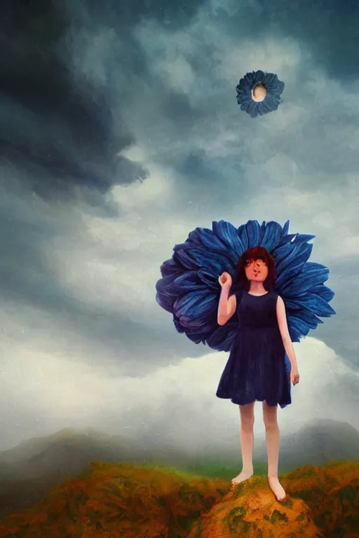 Image similar to closeup perspective, giant dahlia flower as head, girl standing on mountain, surreal photography, blue storm clouds, dramatic light, impressionist painting, digital painting, artstation, simon stalenhag