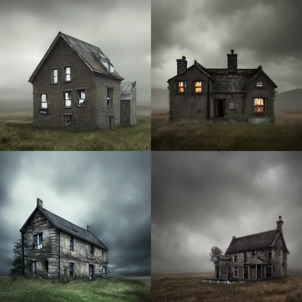 Prompt: abandoned scottish house in a moody weather by Kechun Zhang, tranding on artstation