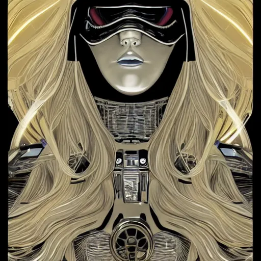 Prompt: gold and silver tones, star wars cybernetic princess, style of moebius, james jean, mcbess, long glowing ethereal hair, cinematic, highly detailed, award winning, 8 k photorealistic