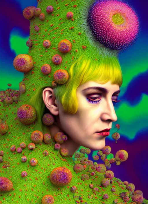 Image similar to hyper detailed 3d render like a Oil painting - Ramona Flowers in mascara seen Eating of the Strangling network of colorful yellowcake and aerochrome and milky Fruit and Her delicate Hands hold of gossamer polyp blossoms bring iridescent fungal flowers whose spores black the foolish stars by Jacek Yerka, Mariusz Lewandowski, Houdini algorithmic generative render, Abstract brush strokes, Masterpiece, Edward Hopper and James Gilleard, Zdzislaw Beksinski, Mark Ryden, Wolfgang Lettl, Dan Hiller, hints of Yayoi Kasuma, octane render, 8k