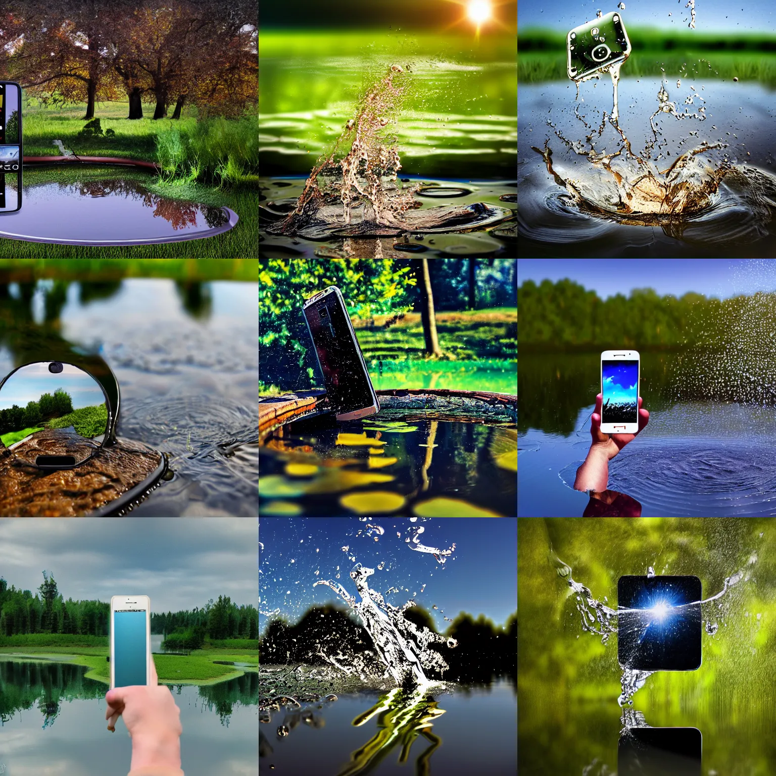 Prompt: cell phone being thrown into a pond realistic photo