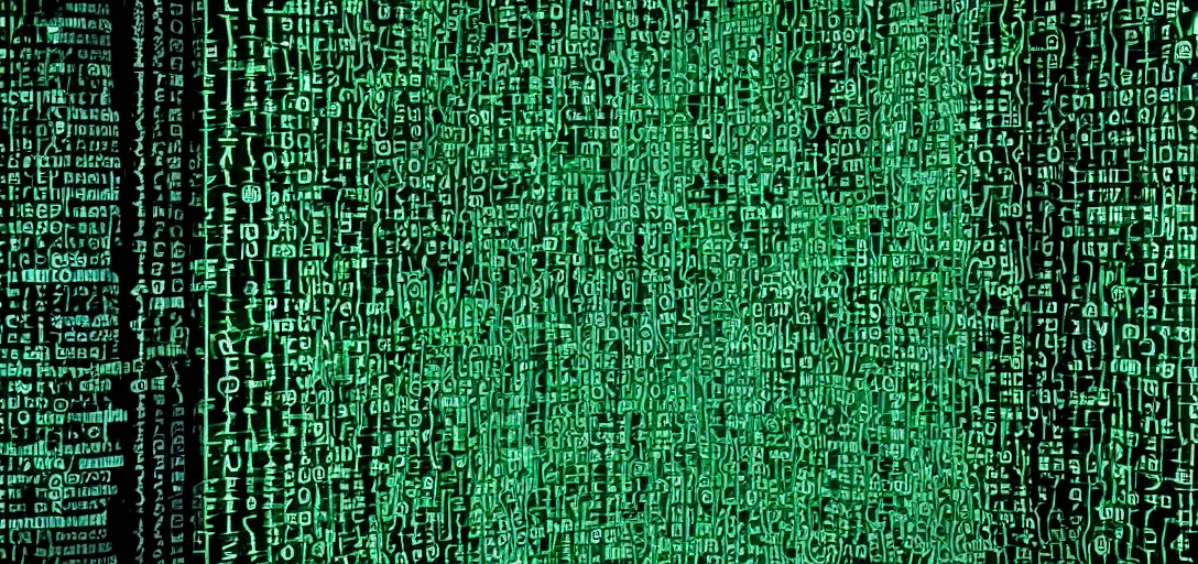Prompt: mainframe computer code from the matrix, dark background, green letters, paragraphs, ASM