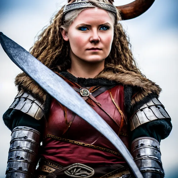 Image similar to professional photograph of a beautiful! female viking warrior. Extremely detailed. 8k