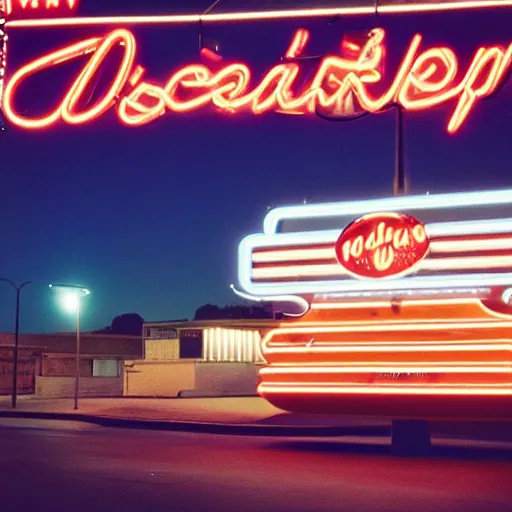 Prompt: kodachrome color photograph of a 1 9 5 0 s drive - in diner at night, taken in 2 0 2 2, neon - lights, googie architecture, americana