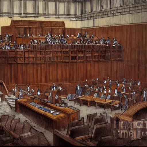 Image similar to Digital art about a huge courtroom with lots of people. The defendant and the accused are on a floating platform. Fantastic detail, astonishing composition, award winning.