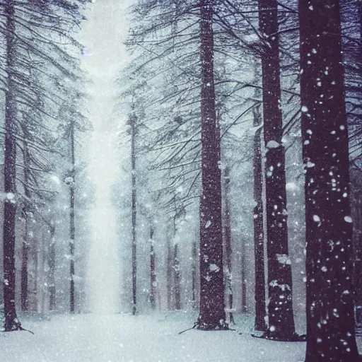 Image similar to atmospheric polaroid photograph of snowy forest growing on a city street