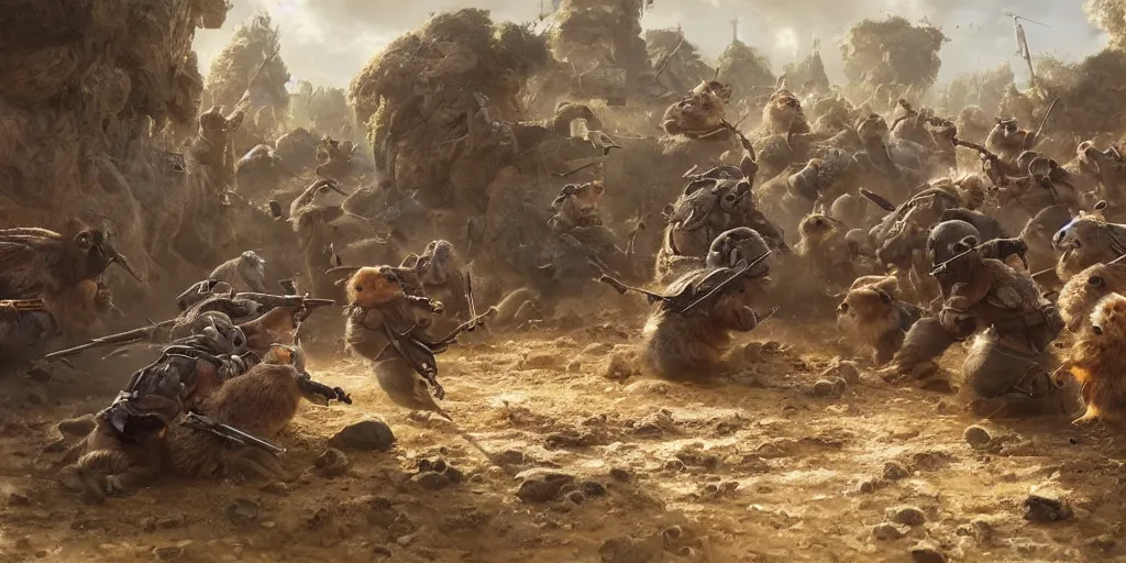 Image similar to highly detailed image of hamsters in a battle, hamsters, hamsters holding rifles, stephen bliss, unreal engine, fantasy art by greg rutkowski, global illumination, radiant light, detailed and intricate environment