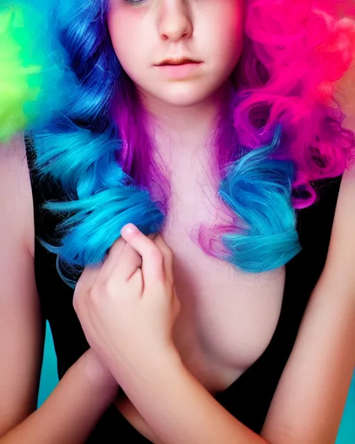 Image similar to a dramatic lighting photo of a beautiful young woman with cotton candy hair. with a little bit of cyan and pink