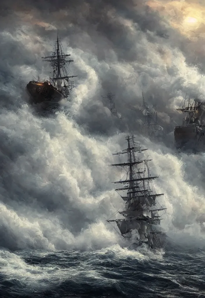 Image similar to ship being persecuted by a police ship over raging turbulent waters, hyper realistic, highly detailed, digital art, apocalyptic, intimidating lighting, raytracing, sharp focus, smooth, romanticism