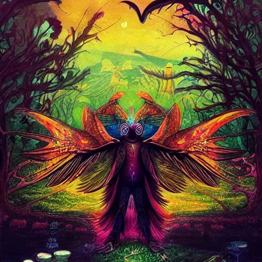 Image similar to A centered chest up portrait of a psychedelic godlike mothman with giant mandala wings smoking a hand-rolled cigarette smoking heavily , magic mushroom village in background , award winning. superb resolution. in the art style of junji Ito and greg rutkowski . Detailed Mushroom city in background. Hyper realistic anime. Perfect art. Dalle2