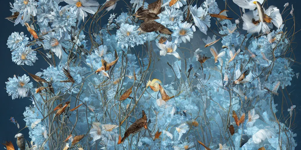 Image similar to breathtaking detailed concept art painting art deco pattern of nicolas cage faces amalmation light - blue flowers with anxious piercing eyes and blend of flowers and birds, by hsiao - ron cheng and john james audubon, bizarre compositions, exquisite detail, extremely moody lighting, 8 k