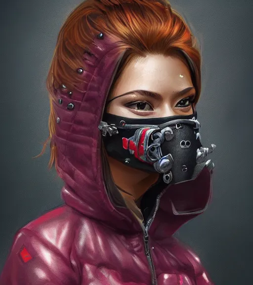 Prompt: a girl wearing a jacket, mask, punk outfit, highly detailed, digital painting, artstation, concept art, smooth, sharp focus, illustration