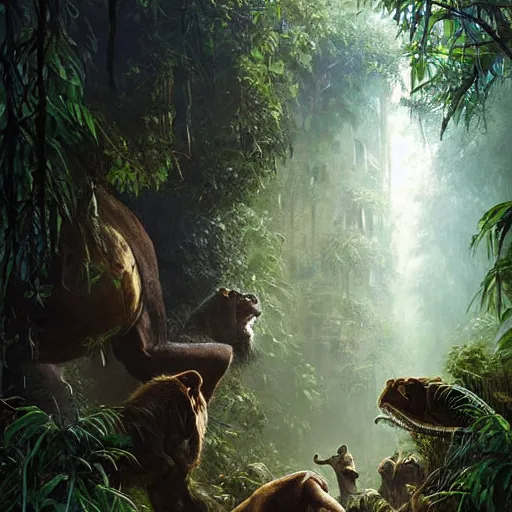 Image similar to animals of the jungle coming out of a doorway, painting by Greg Rutkowski, foliage, dramatic lighting, sharp focus