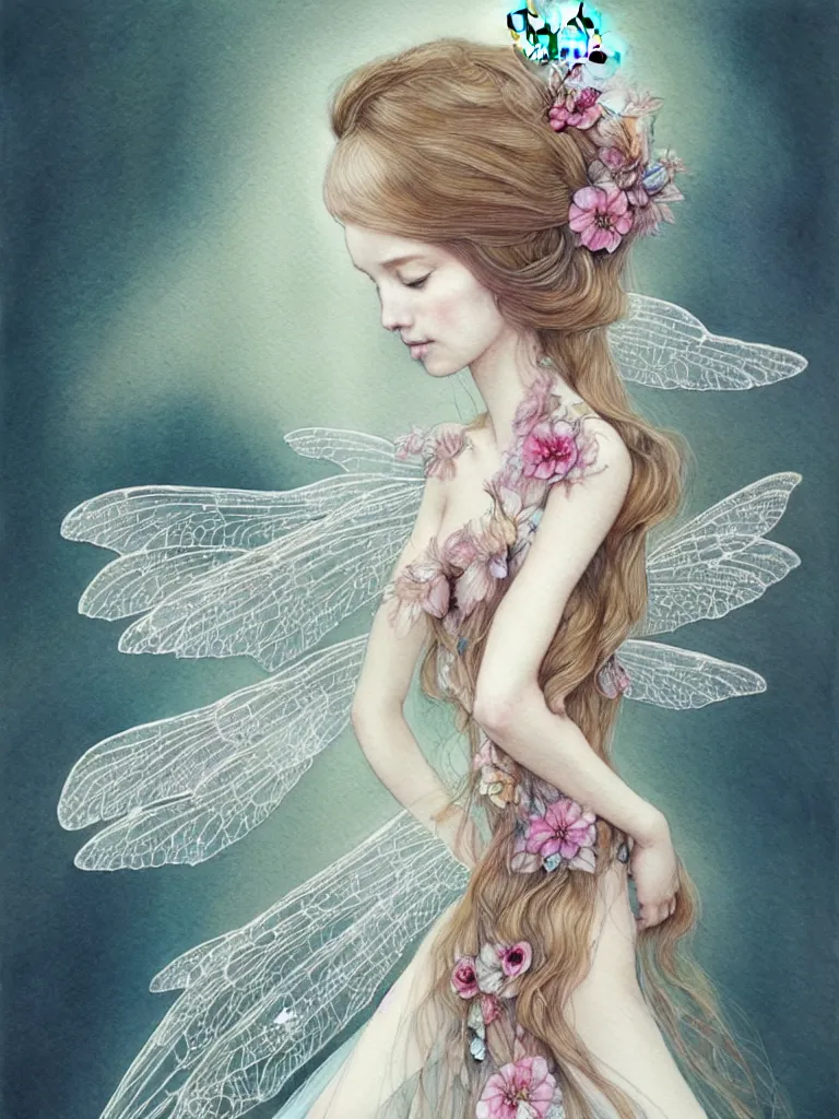 Prompt: flower fairy, long wavy hair, insect wings, wearing alexander mcqueen dress, tulle, illustration, watercolor, alan lee, detailed, pretty, filigree, ethereal, realistic, artstation,