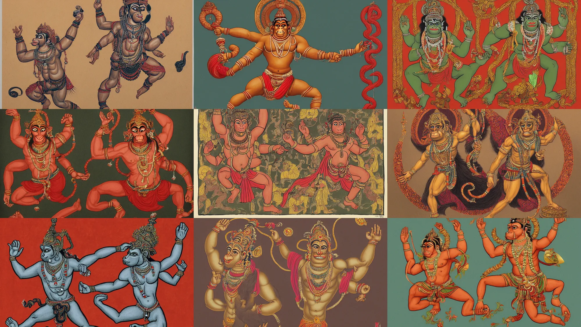 Prompt: a highly detailed portrait of a hanuman, leaping with arms up, in the style of malika favre.