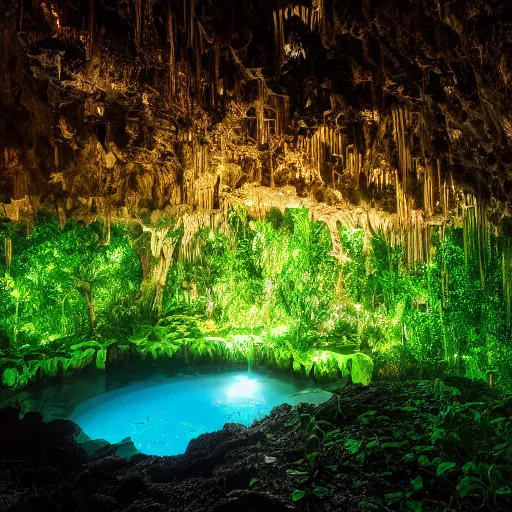 Image similar to a professional photograph of a glowing cave hidden by a curtain of vines and hidden by lush green vines, small pool of water, trickling water, stone, hidden, forest, night, glow, magical, magic, fantasy, high quality, highly detailed, award-winning, awe-inspiring, spectacular, HD, 4K, 8K