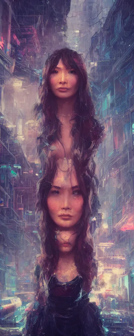 Image similar to portrait of gemma chan tavern bard, intricate face, sad expression, sweat, narrow dark streets with exotic dancers, vaporwave aesthetics, 8 k uhd, unreal engine, octane render in the artstyle of finnian macmanus, john park and greg rutkowski