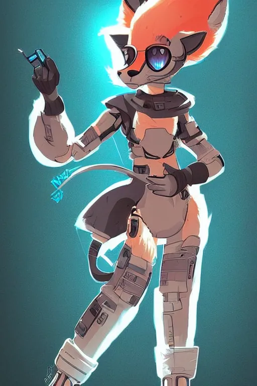 Image similar to a cute cyberpunk anthropomorphic fox with a fluffy tail, comic art, trending on furaffinity, cartoon, kawaii, backlighting, furry art!!!, cel shading, concept art, poster art