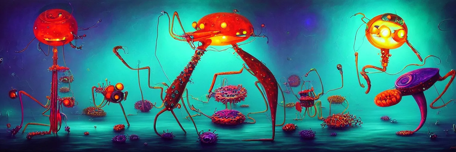 Prompt: strange plankton creatures from the depths of the collective unconscious, dramatic lighting, surreal darkly colorful painting by ronny khalil