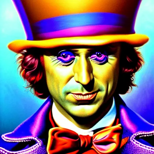 Prompt: An extremely psychedelic portrait of willy wonka, surreal, LSD, face, detailed, intricate, elegant, lithe, highly detailed, digital painting, artstation, concept art, smooth, sharp focus, illustration, art by Jason Edmiston