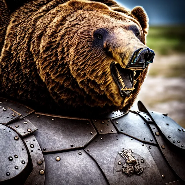 Image similar to photo of a armoured bear warrior, highly detailed, 8 k, hdr, close up, smooth, sharp focus, high resolution, award - winning photo