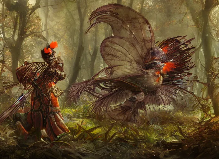 Prompt: ashigaru steampunk - inspired feathered mic, colorful plumage, lacquered armor, cute but determined, hard focus, art station, by jessica rossier and brian froud, cinematic fantasy painting, orange grey white, in a woodland glade