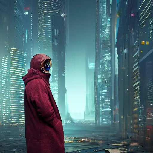 Prompt: a elder man wearing a hood staring at a cyberpunk city, sci-fi art, digital art, matte painting, award-winning