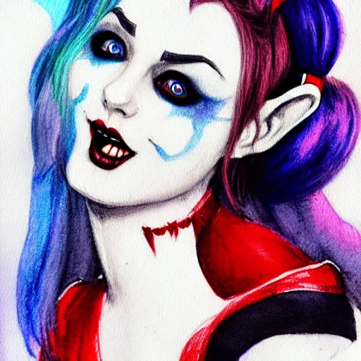 Image similar to harley quinn as an adorable vampire fairy, 8 k resolution watercolor pencil drawing, cinematic lighting, deviantart artstation