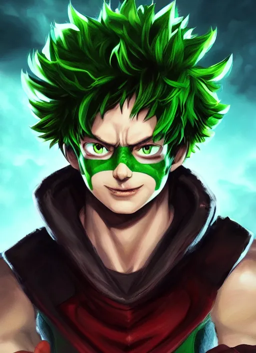 Prompt: An epic fantasy comic book style portrait painting of Midoriya Izuku, Dark Deku, Unreal 5, DAZ, hyperrealistic, octane render, cosplay, RPG portrait, dynamic lighting