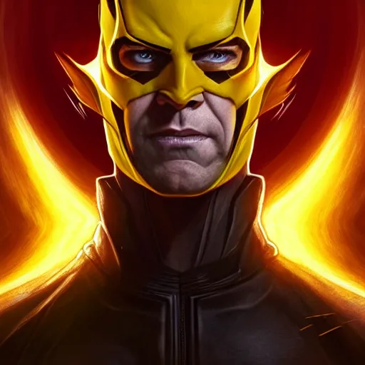 Prompt: handsome Antony Starr as Reverse Flash with glowing red eyes, western, D&D, fantasy, intricate, elegant, highly detailed, digital painting, artstation, concept art, matte, sharp focus, illustration, art by Artgerm and Greg Rutkowski and Alphonse Mucha